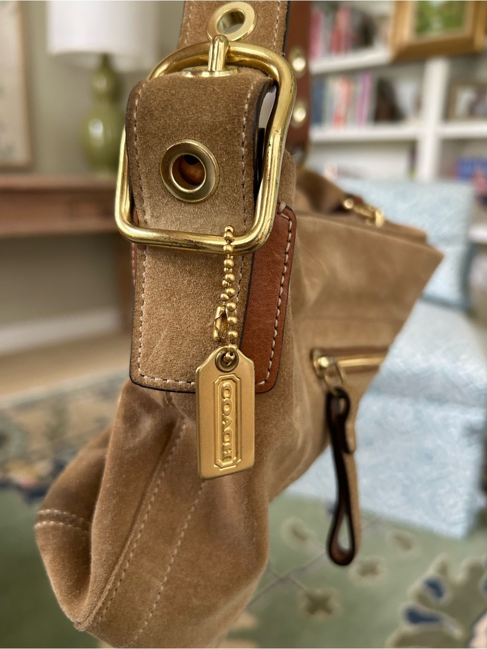 Coach Suede Hobo Bag in Tan with Gold Hardware
